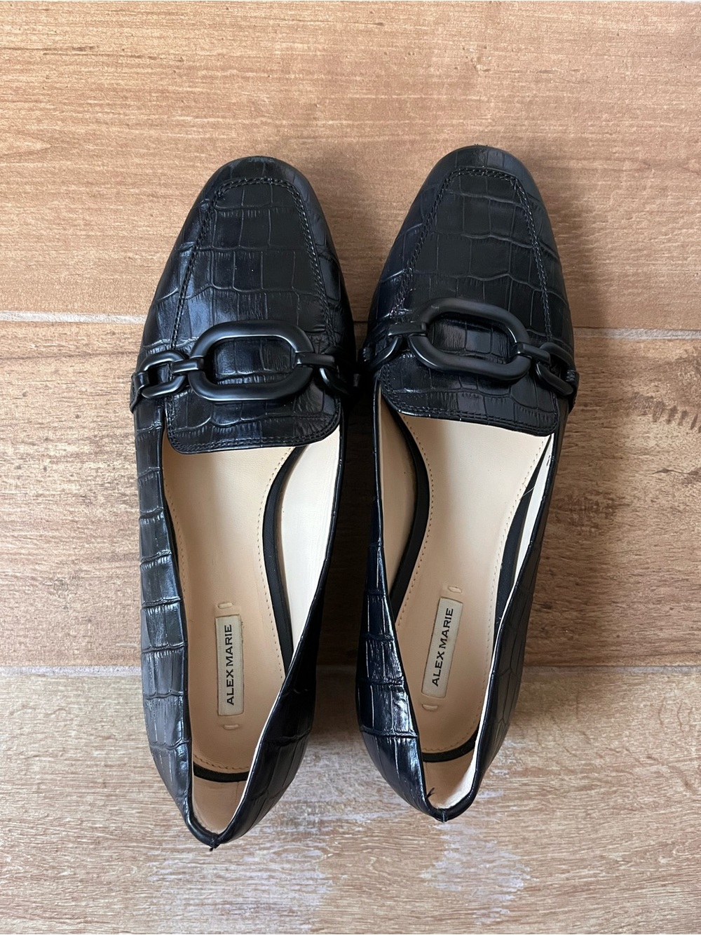 Alex Marie Black Croc-Embossed Loafers with Chain Detail